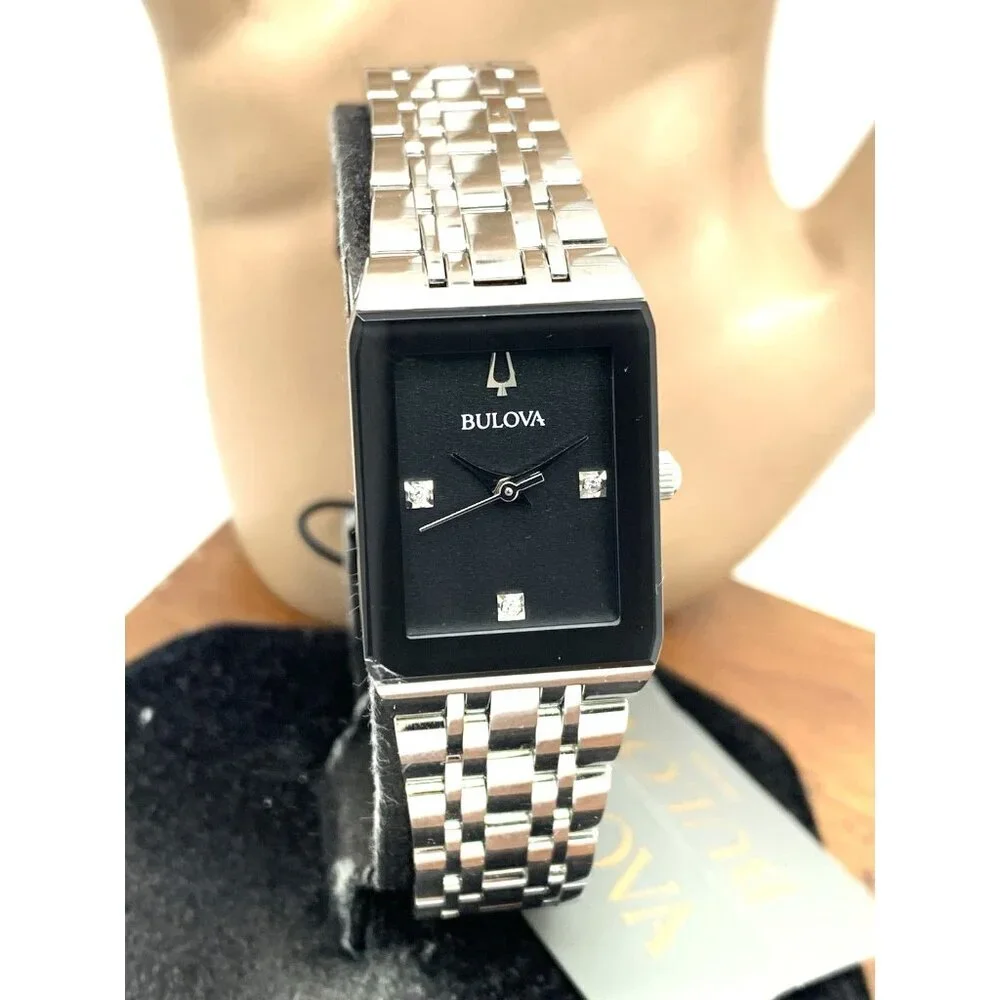 Bulova Women's Watch 96P202 Quartz Black Dial Diamond Quadra Silver Steel CHIP